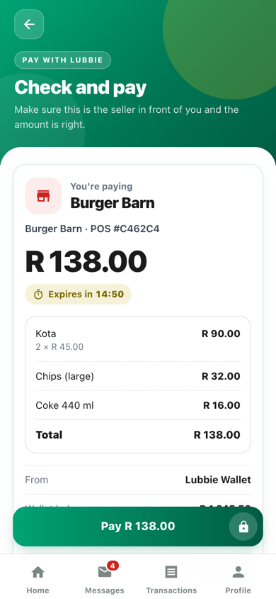 Scan-to-pay confirmation for R138 at Burger Barn