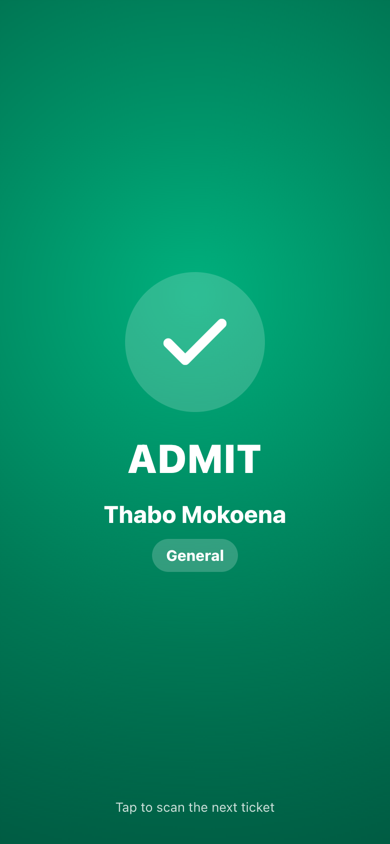 Gate scanner screen showing ADMIT for a ticket holder