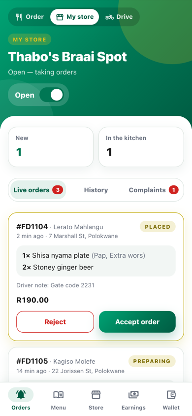 Store owner screen with live incoming orders