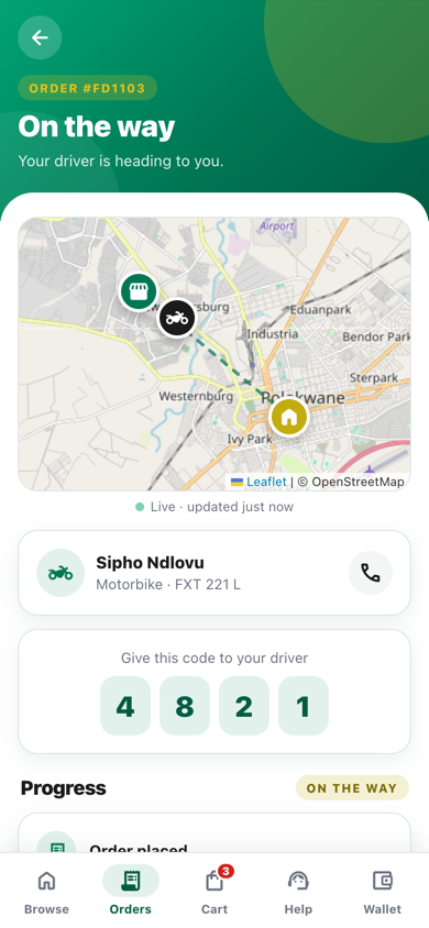 Food order tracking with the driver on a map and a delivery code