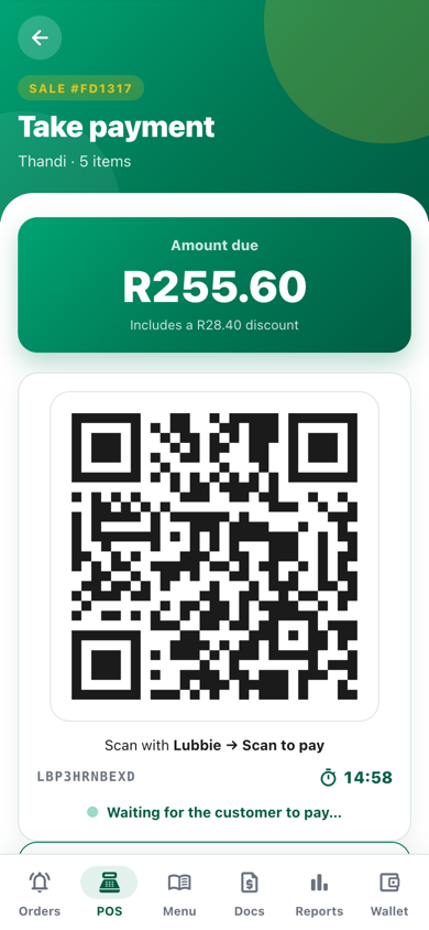 POS screen showing a Lubbie QR code for R255.60 with a countdown