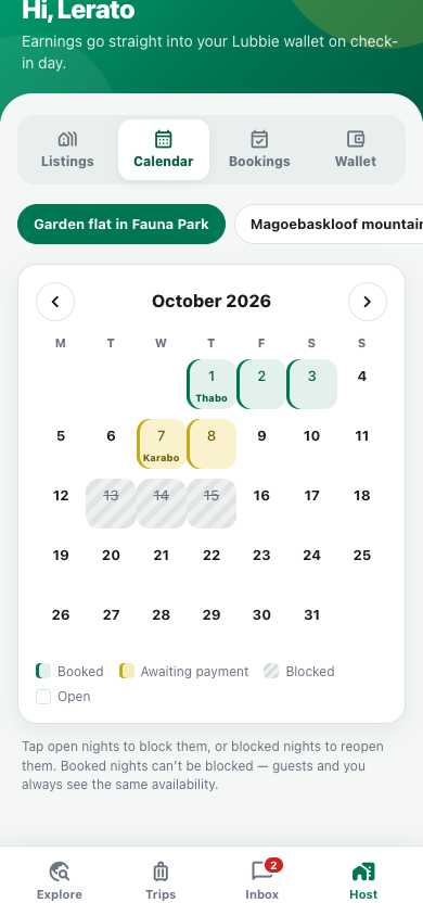 Host calendar showing booked, held and blocked nights