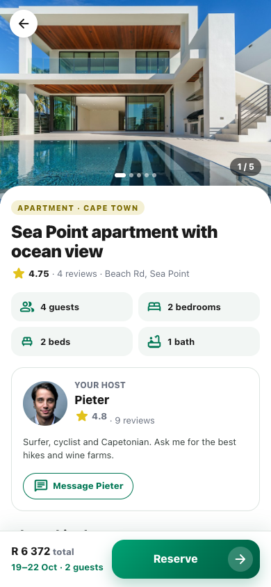 A Lubbie Stays listing: Sea Point apartment with ocean view, with photos, host details and a Reserve button